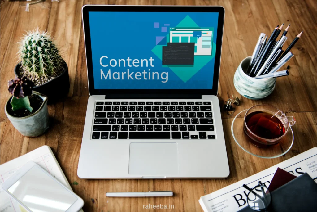 a lap top interface that shows a heading 'content marketing'