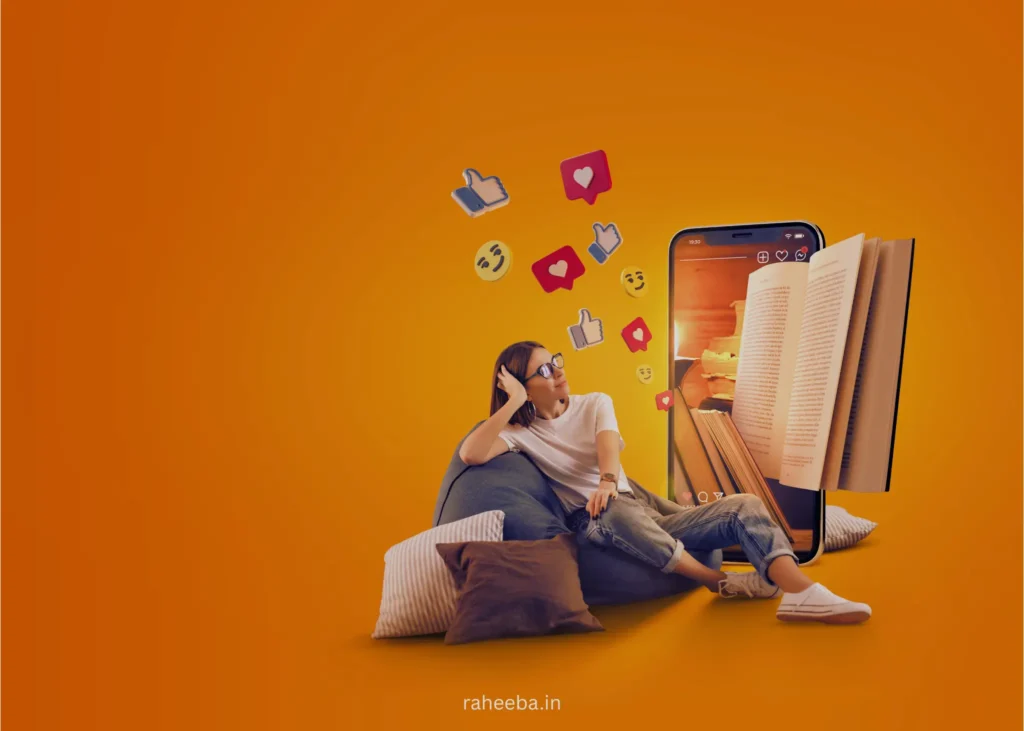 a vibrant digital marketing scene featuring a professional, media icons emerging from the screen, symbolizing online engagement and creativity