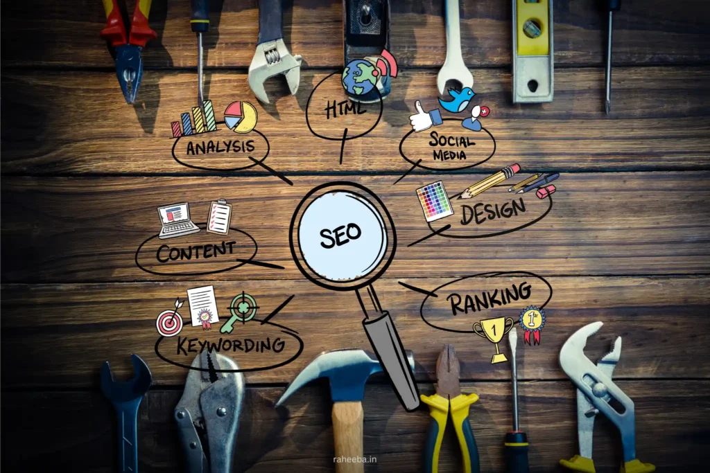 a top-vie digital marketing concept setup featuring gadgets, tools, charts, and a central clock symbolizing time management and strategy.