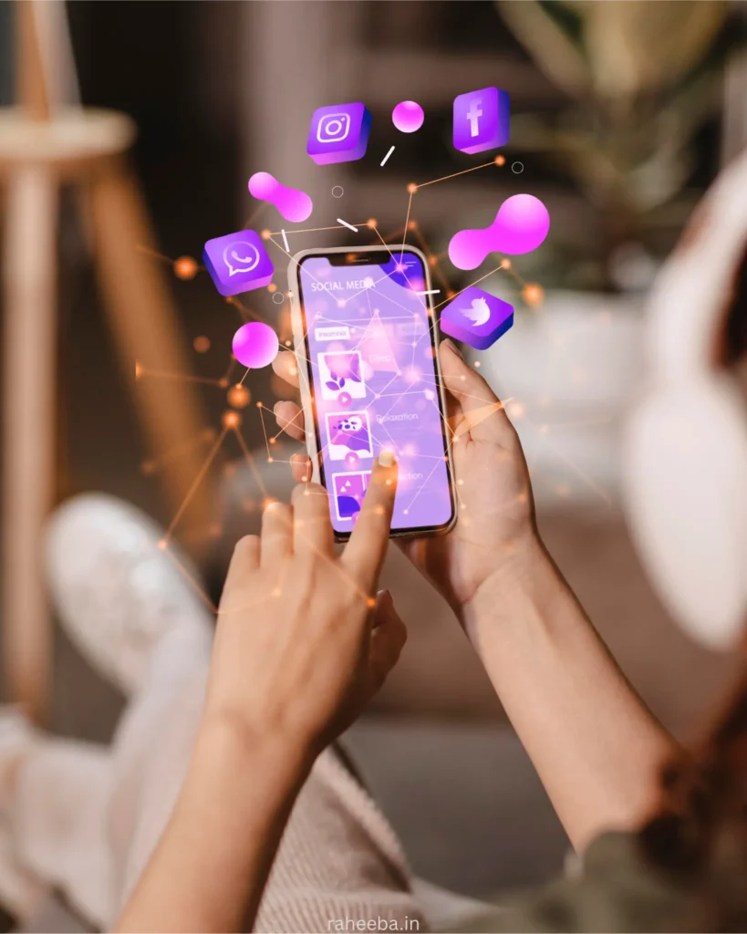 a vibrant visual of hands holding a smartphone surrounded by glowing social media icons, capturing the essence of digital connectivity and modern marketing.